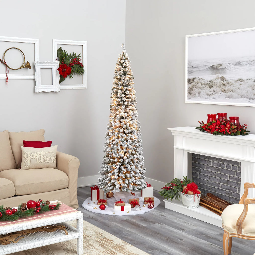 Natural Nearly 7' Tree Pencil Clear Prelit Lights 400 Artificial Flocked White Christmas