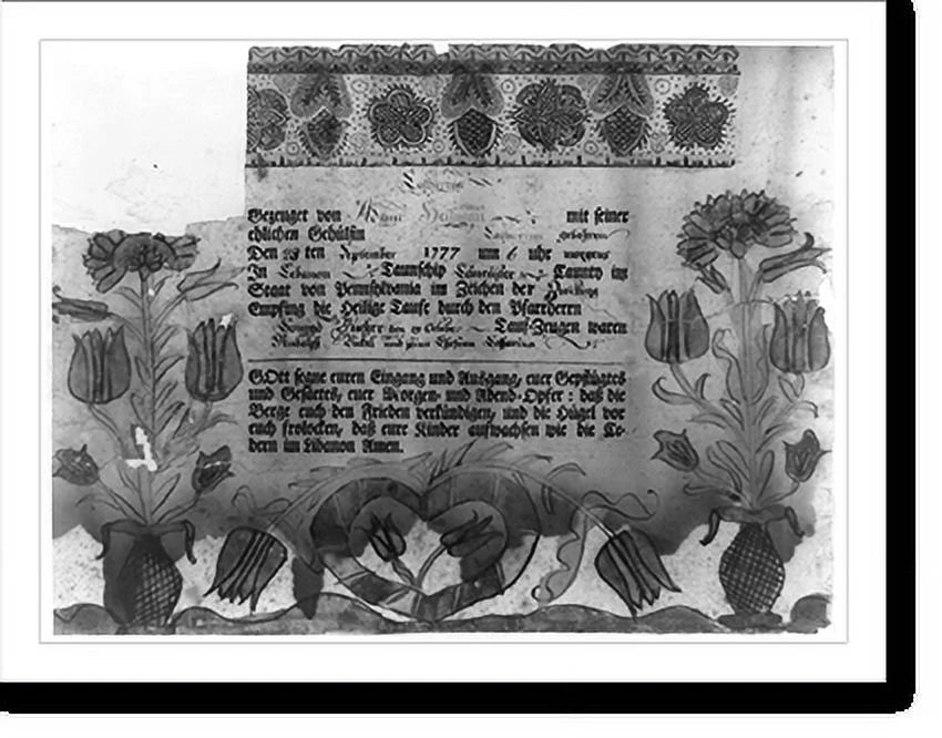 21-7/8" certificate township, b. Print, Heilman, Framed 17-7/8" and Catharina Historic [Birth baptismal in for County, Lancaster Lebanon with 1777, x Pa.; blessing],