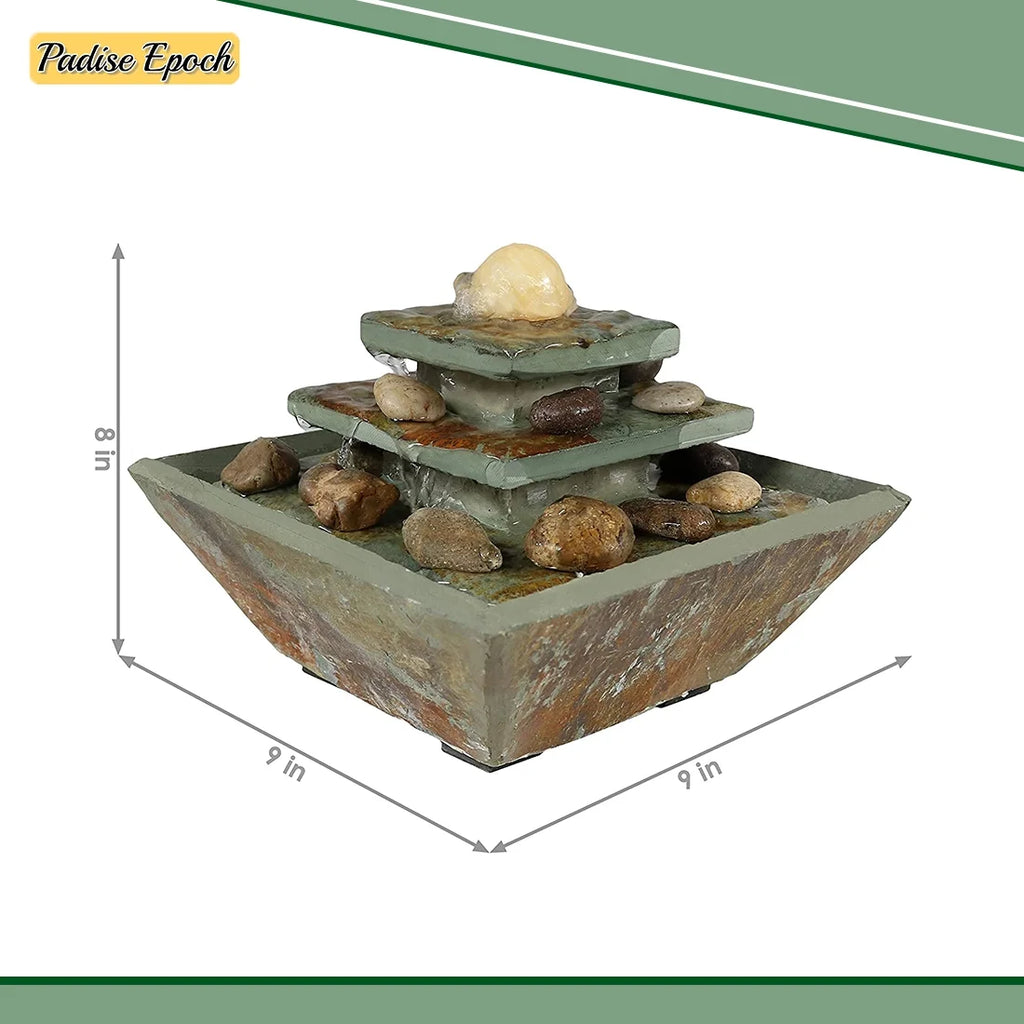 Ascending Polished Fountain - 8 Accent Tie Corded Inch Light and with LED Room Home or Water Living Office, Ball Decor Tabletop for Bedroom - Stone Electric Slate -
