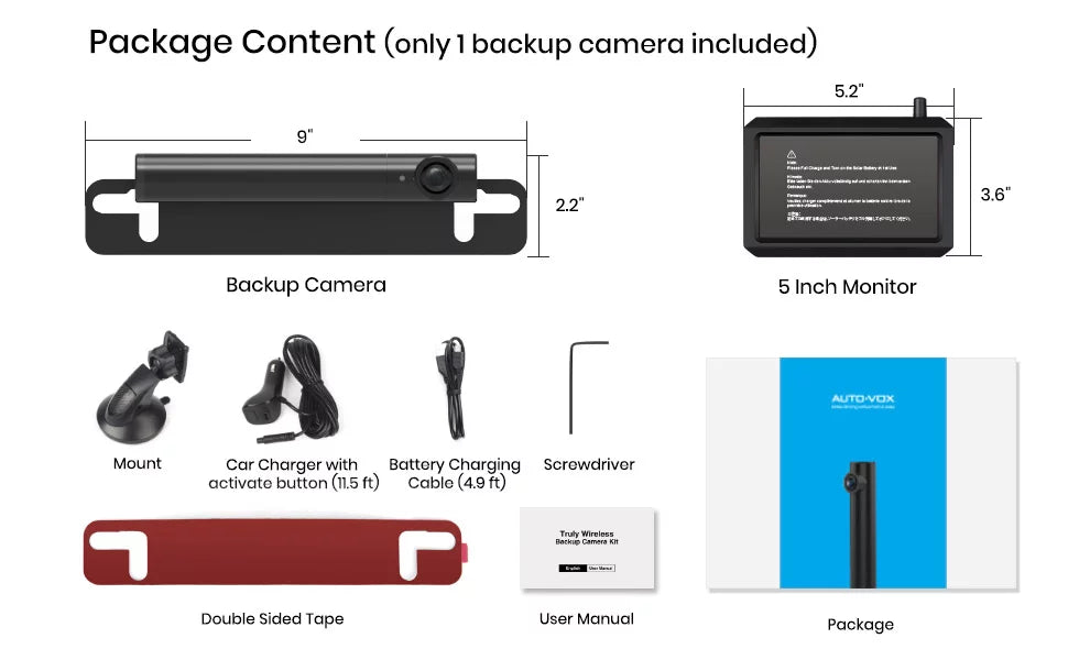 Mini Rear/Front Vision 3Mins View Camera AUTO-VOX with Car, DIY Night Back Trucks, Wireless for Super TW1 Camera Up 5'' Backup Monitor for Size Systems Installation,