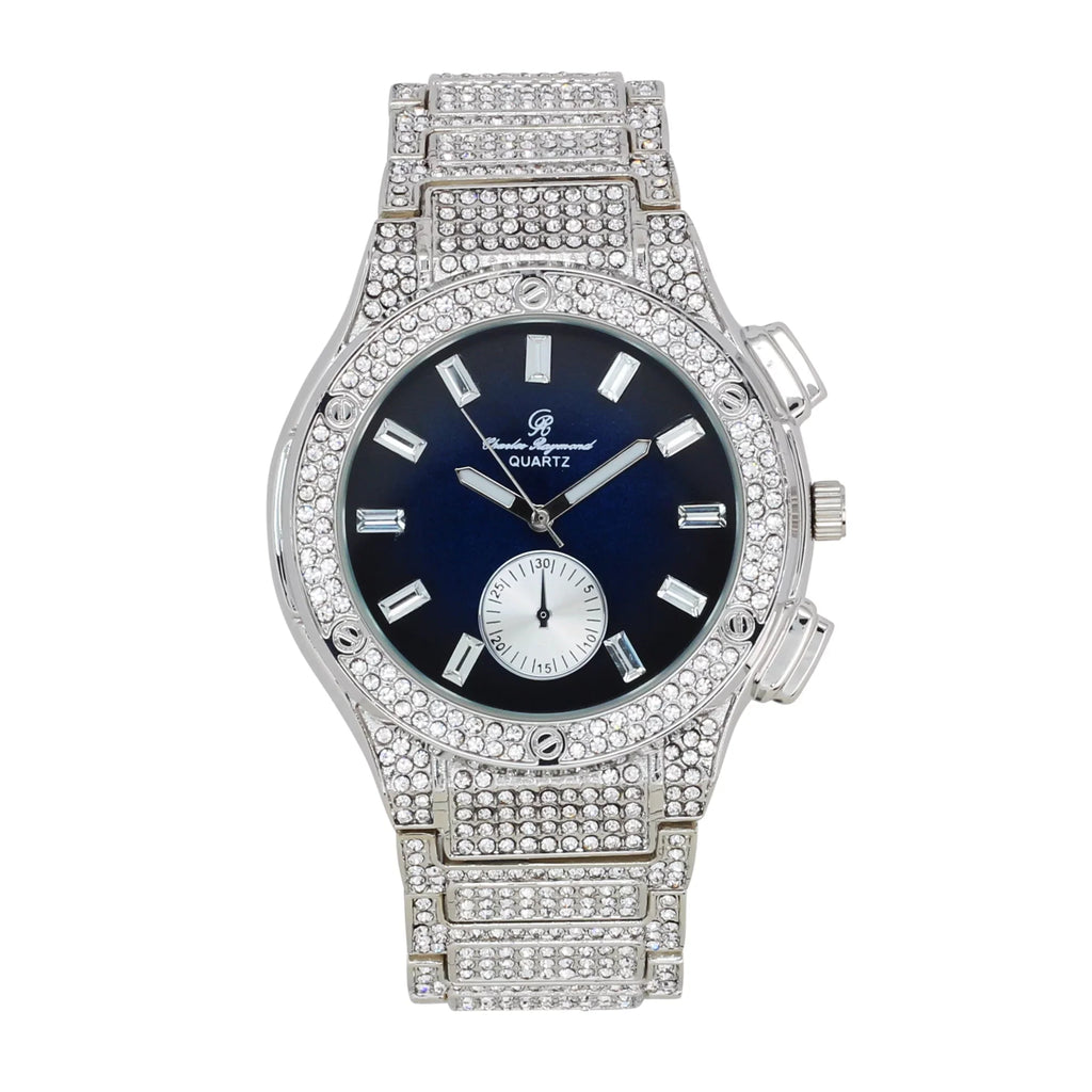 Rhinestones on Timepiece- Inspired Men's - MB ST10311 Hop Blue SLV by Out Blast Watch Bling -C Charles Big Raymond Hip Diamond Iced -