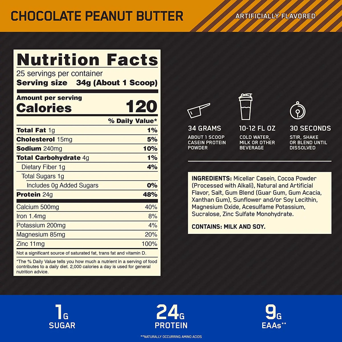 Chocolate Casein, 100% Protein Gold Nutrition, Standard Powder, 1.87 Peanut Optimum 24g Butter, lb