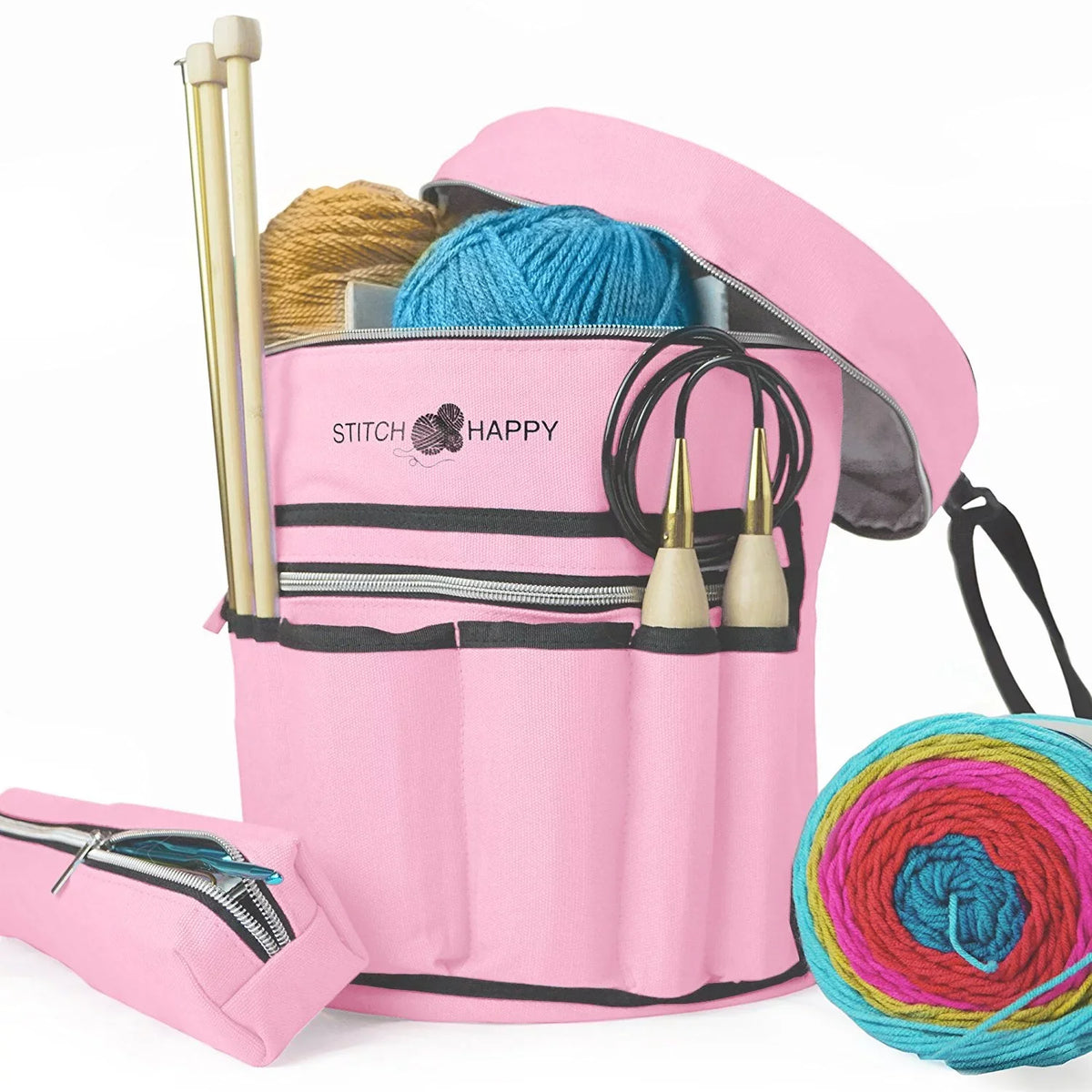 Crochet Bag Yarn Knitting Bag, or Storage Crochet 7 Storage, Pocket Stitch Yarn Bag, Happy (Pink):