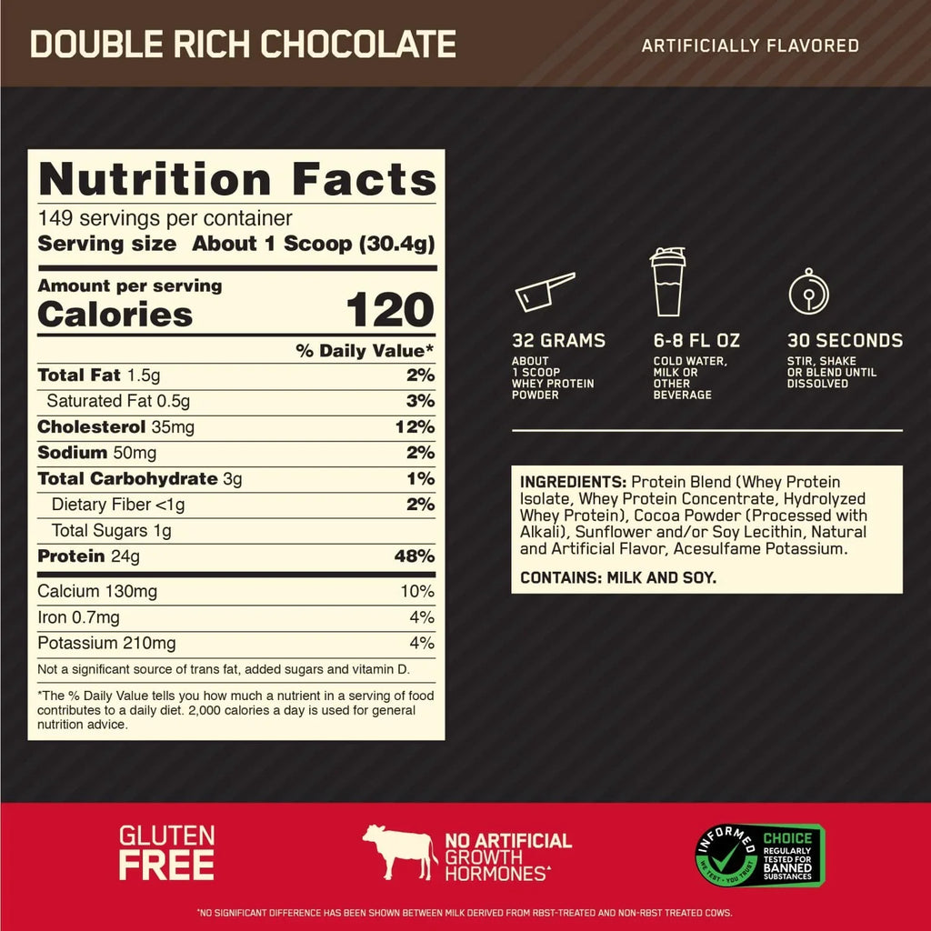 Whey Optimum Nutrition, Servings Chocolate, Rich 149 Standard Gold 10 lb, Double Powder, Protein 100%