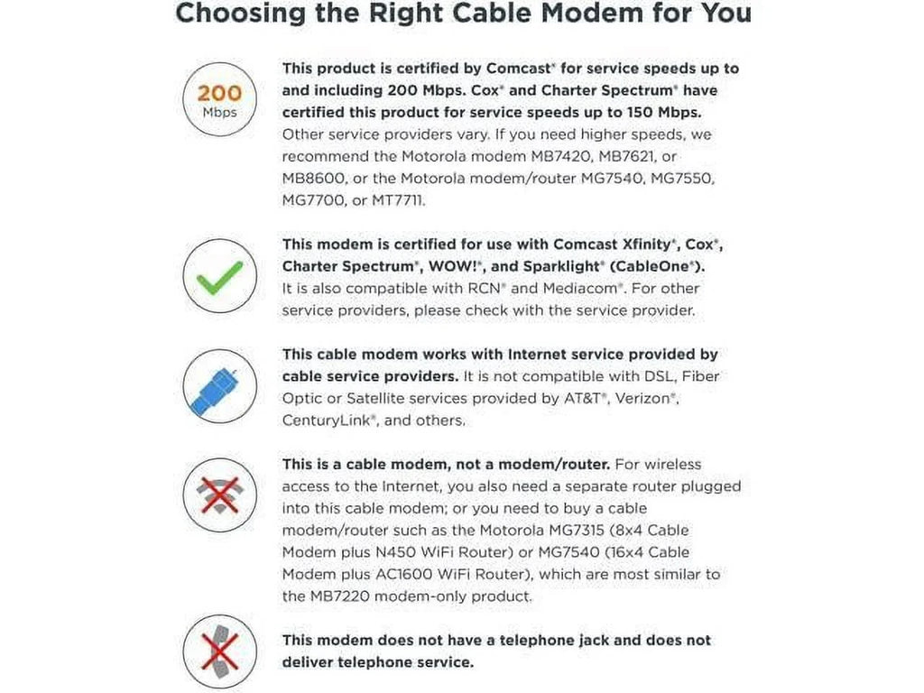 Modem, 3.0, and Cable MB7220, Time 8x4 BrightHouse, 343 Wireless) Comcast XFINITY, (No Certified Cable, More Model by DOCSIS Cox, Warner Mbps