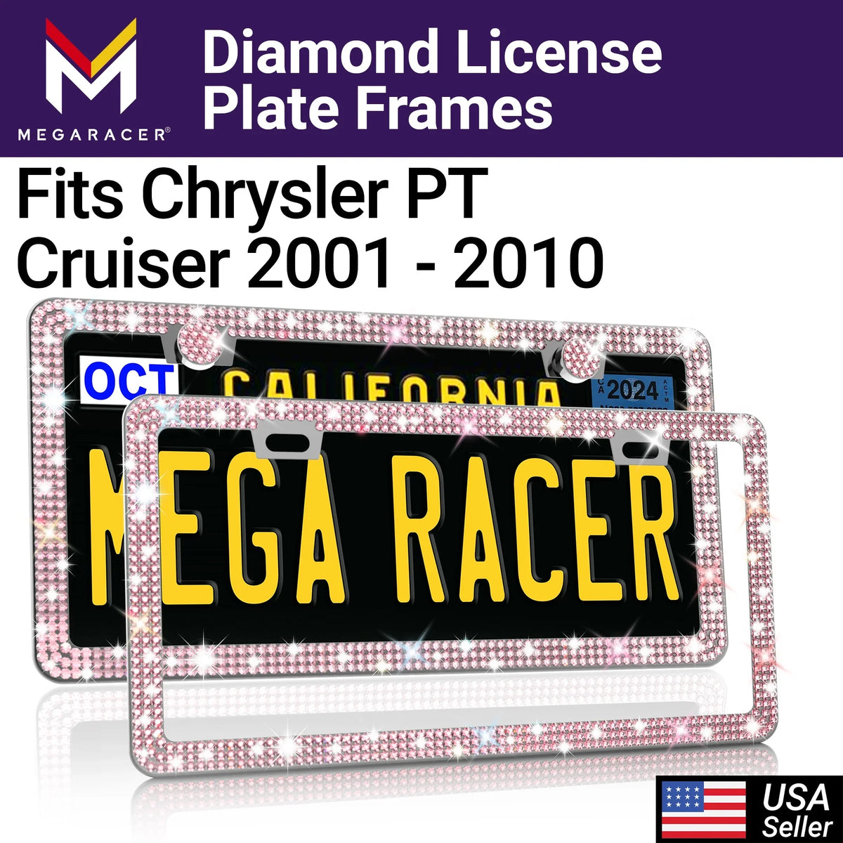 Chrysler 2 Sparkly Frame Racer Plate Car Rhinestones, - Bling Screws, with PT Cruiser 2001 01 Diamond Pink Mounting PT Cruiser - License 10 Holes 2010 Plate Frames License Mega Chrysler