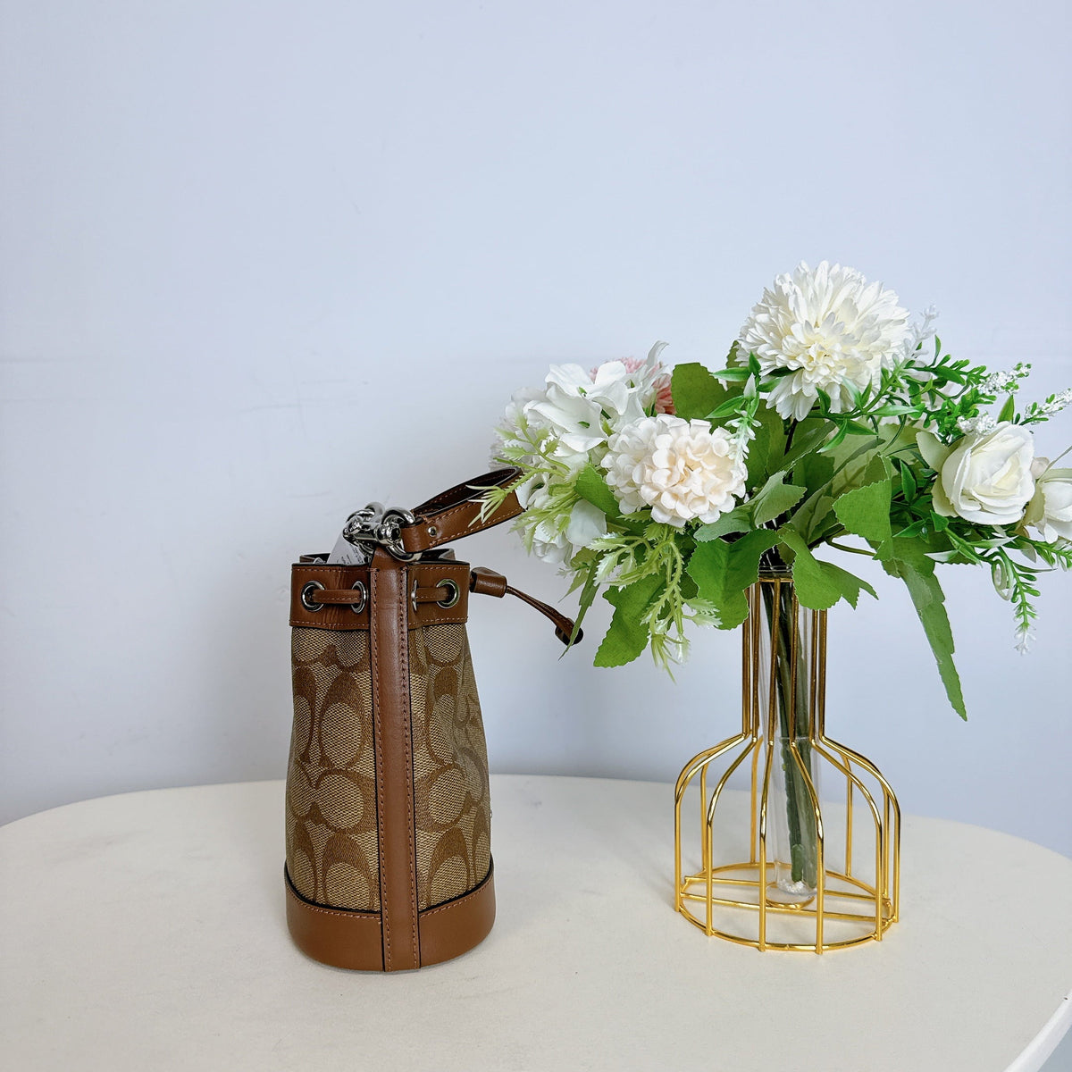 Signature In Canvas Bag IN Bucket CR145 Khaki Mini Saddle Coach