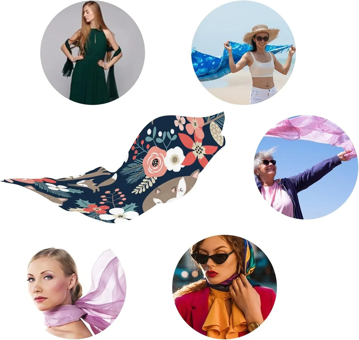 Flowers Shawl Wrap and Scarf Scarves Blue on Lightweight Dark Hyjoy Foxes Long for Silk Neck Women Girls Cute