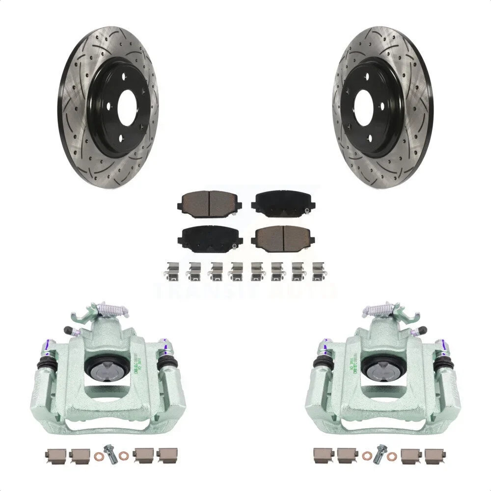 KCD-100629C Brake Drilled For C/V 2012 Disc Rear Ceramic Coated Caliper Rotors Slotted Kit And Front Auto Transit Piston Dual With Pads Ram