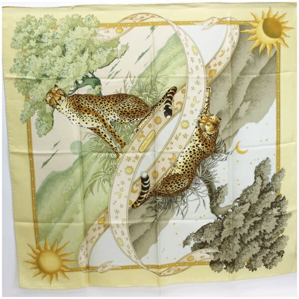 pattern paper Salvatore ladies Ferragamo leopard FERRAGAMO yellow print scarf animal SALVATORE silk (Good) Pre-Owned muffler