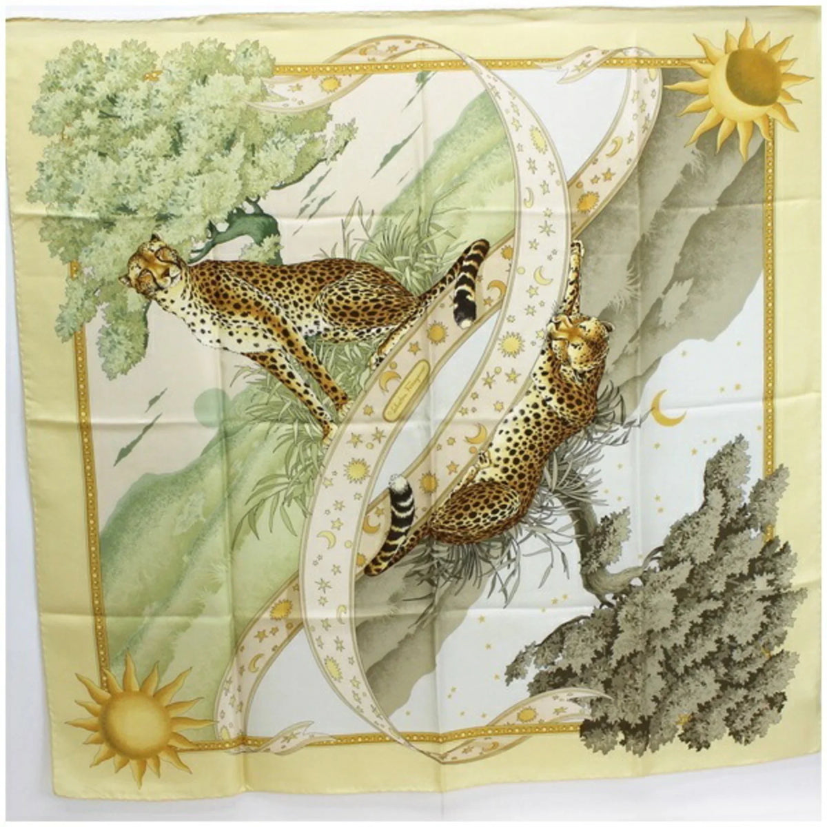 pattern paper Salvatore ladies Ferragamo leopard FERRAGAMO yellow print scarf animal SALVATORE silk (Good) Pre-Owned muffler
