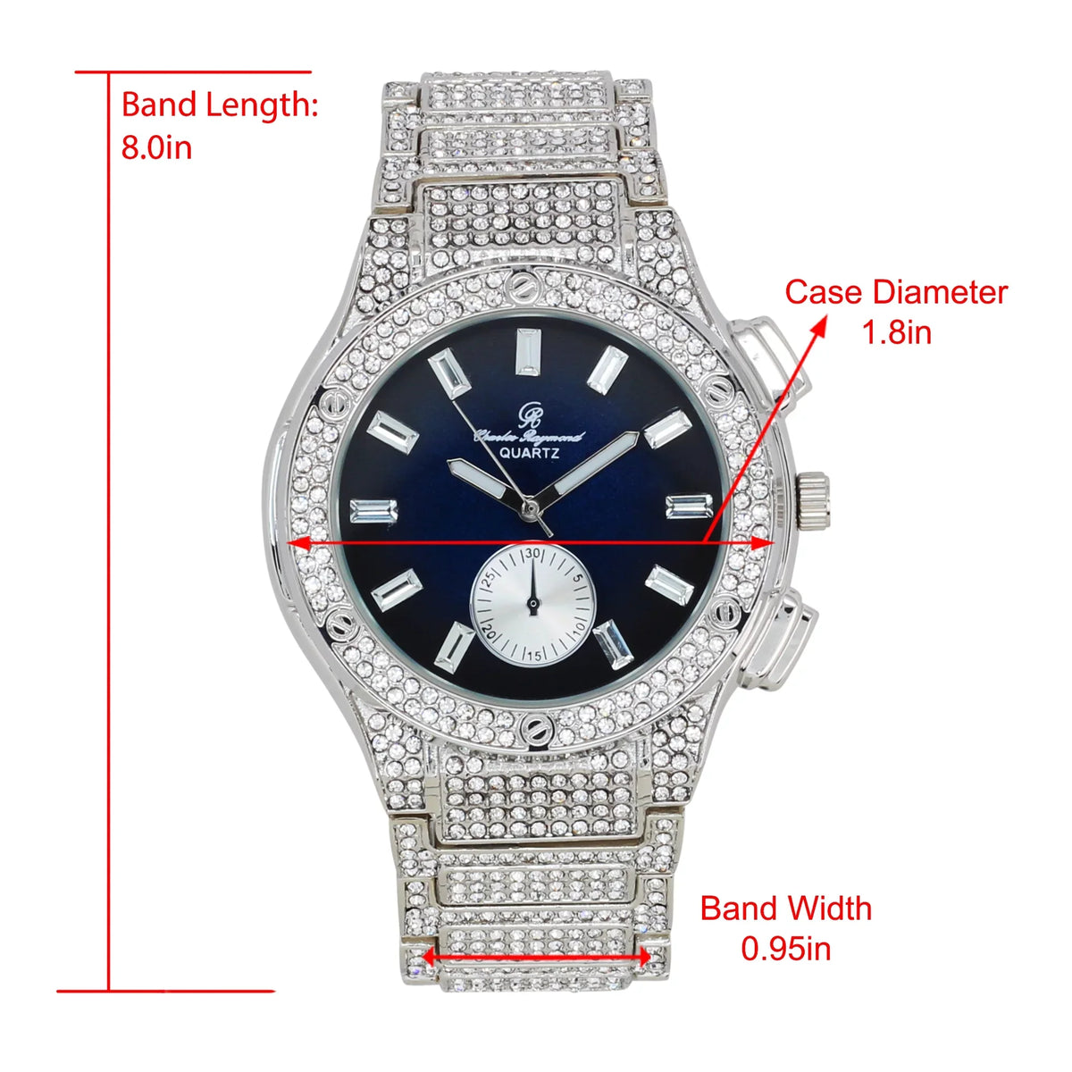 Rhinestones on Timepiece- Inspired Men's - MB ST10311 Hop Blue SLV by Out Blast Watch Bling -C Charles Big Raymond Hip Diamond Iced -