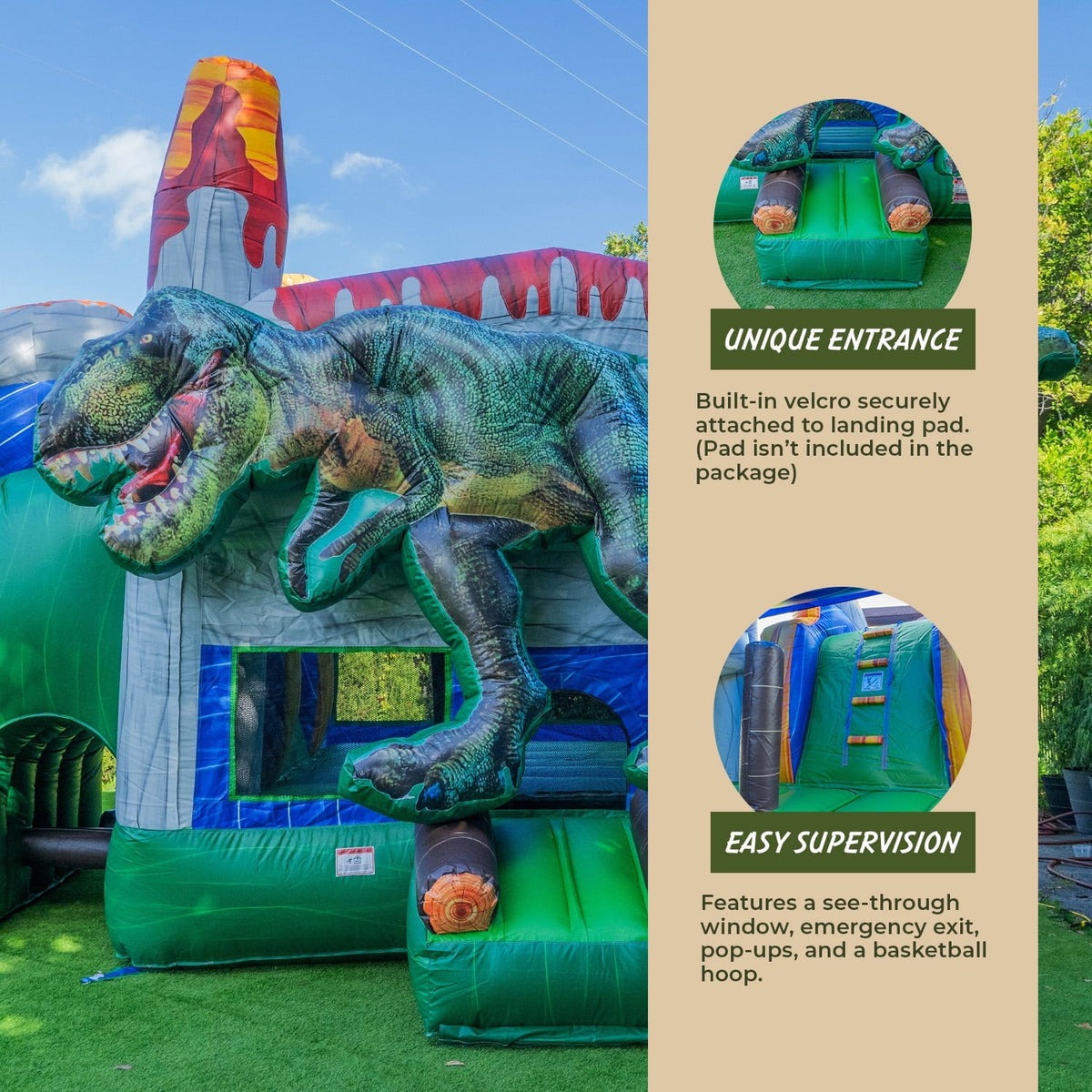 XJUMP Splash Slide T-Rex Kids Adults Combo Commercial Dinosaur for Water Air and Bounce Pool Blower), Inflatable Grade House (with with