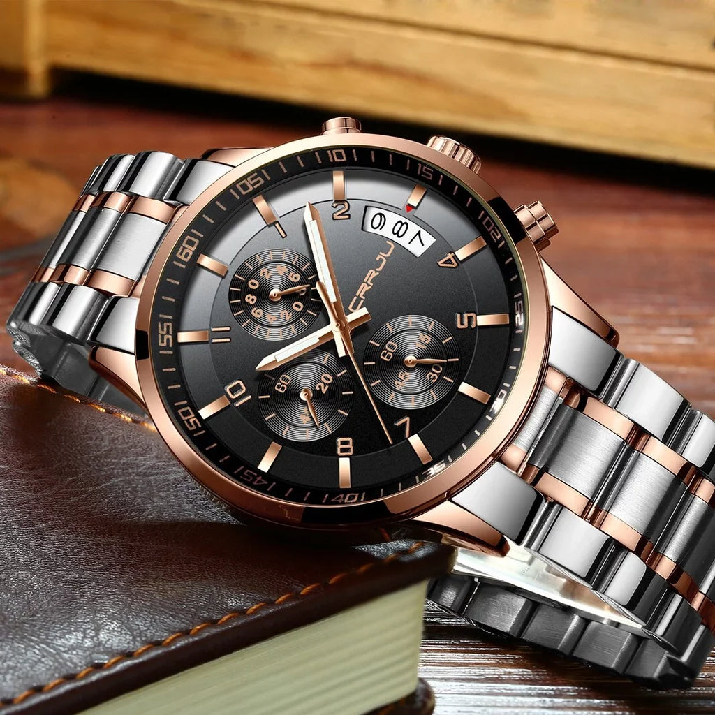 Stainless Chronograph CRRJU Men relogio Steel Business Quartz Watch Waterproof masculino Luxury Watch for Mens Watches Fashion
