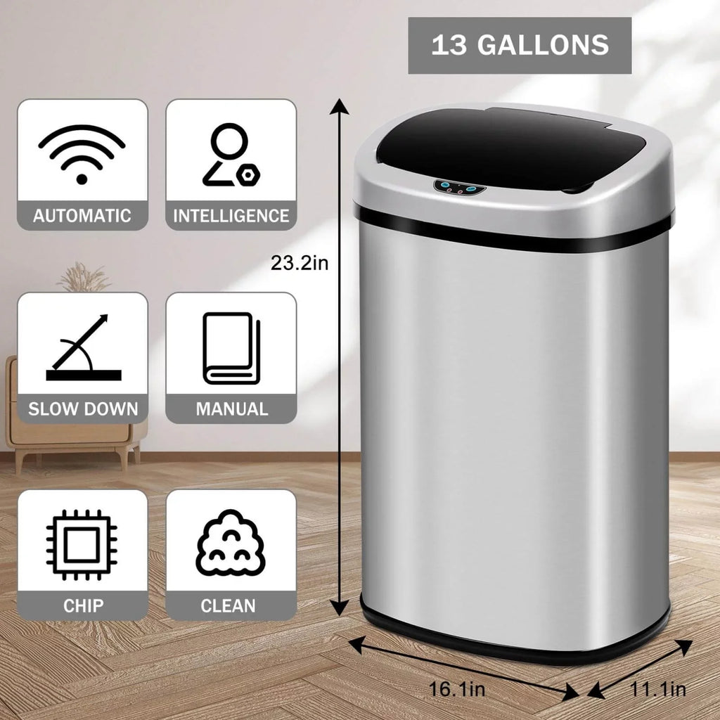 Office Can Touch-Free Trash Waste with Steel Automatic Silver Motion Home, Lid, Anti-Fingerprint Bin Designed Kitchen for Garbage Stainless Gallon NiamVelo Can with Sensor, 13 Mute &